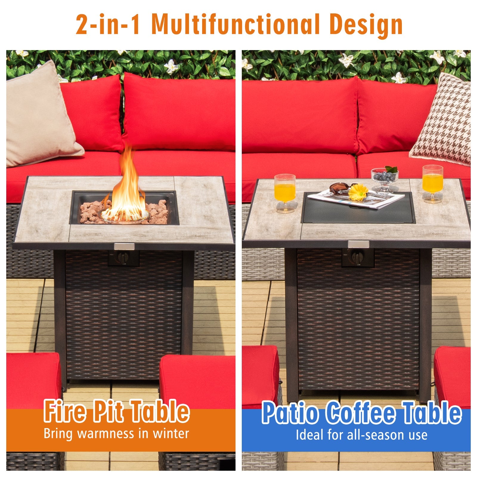 30 Inch Square Propane Gas Fire Pit Table Ceramic Tabletop with multifunctional design for outdoor use