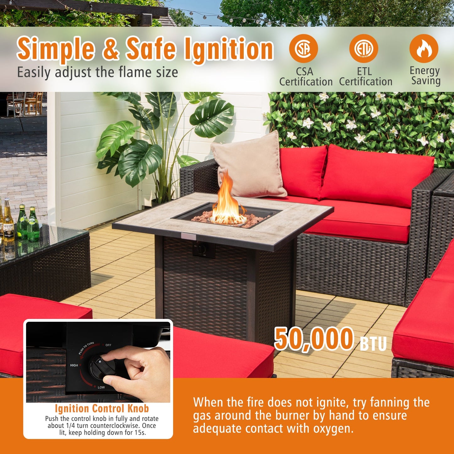 30 Inch Square Propane Gas Fire Pit Table Ceramic Tabletop on patio with ignition control and 50,000 BTU heat output