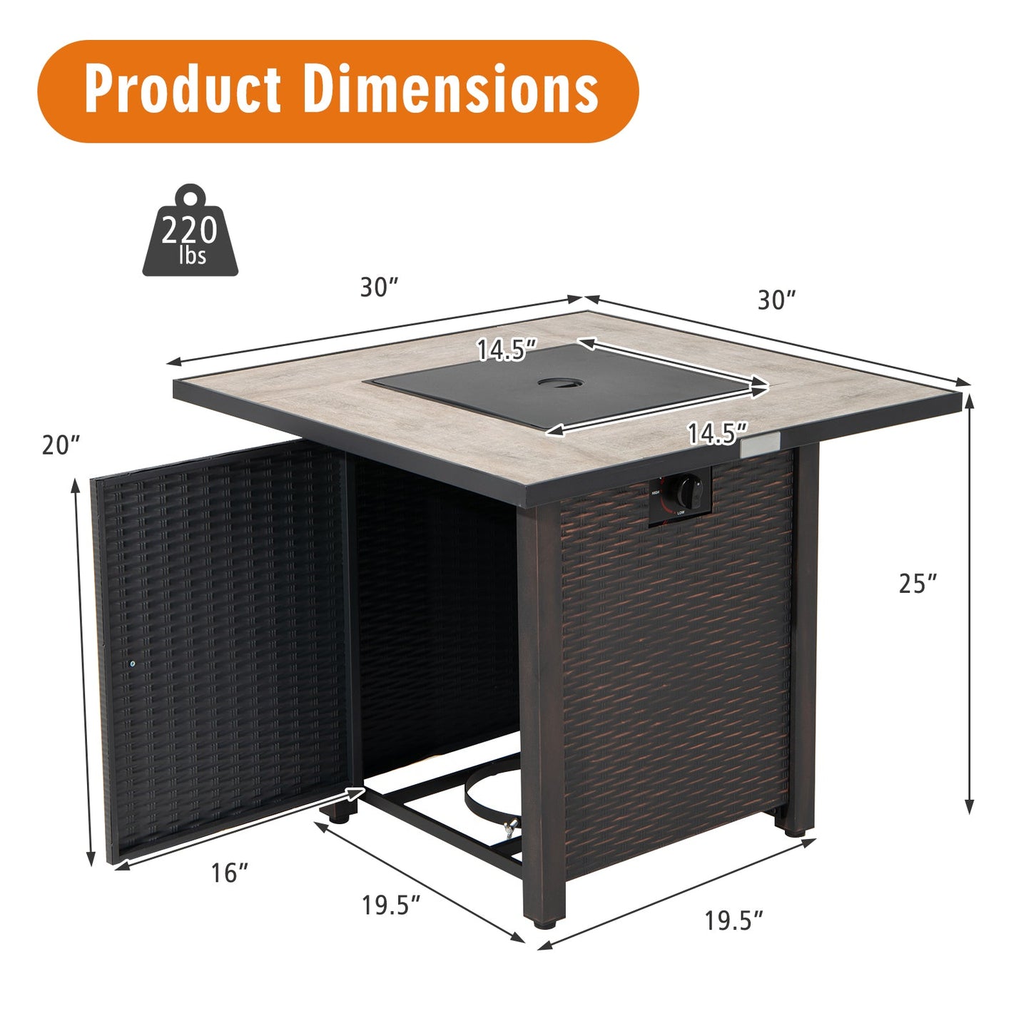 Dimensions of 30 Inch Square Propane Gas Fire Pit Table Ceramic Tabletop with steel frame