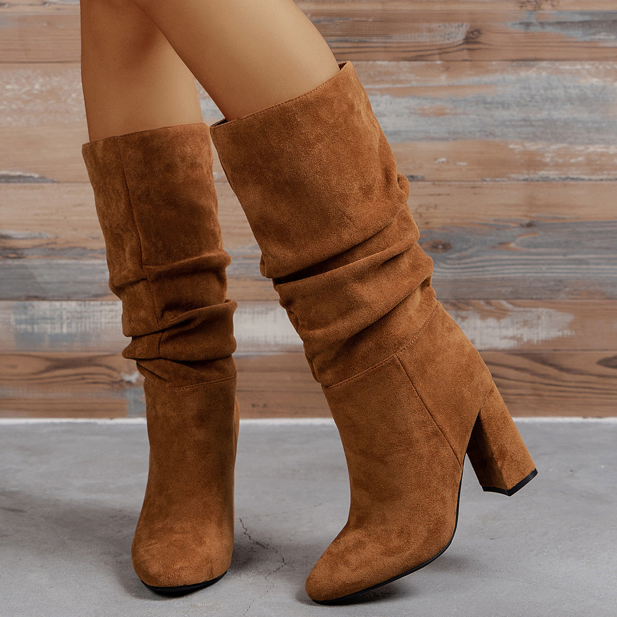 European & American Slip-On High Heel Fashion Boots – Women’s Elegant Booties in brown suede on model.