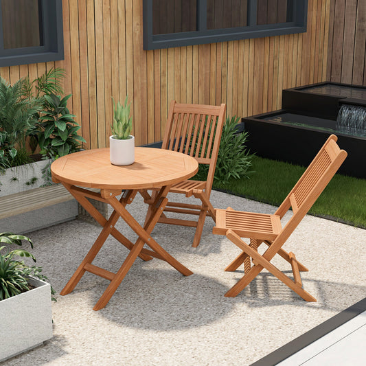 31.5 Inch Folding Patio Indonesia Teak Wood Round Coffee Table set in outdoor patio scene with chairs