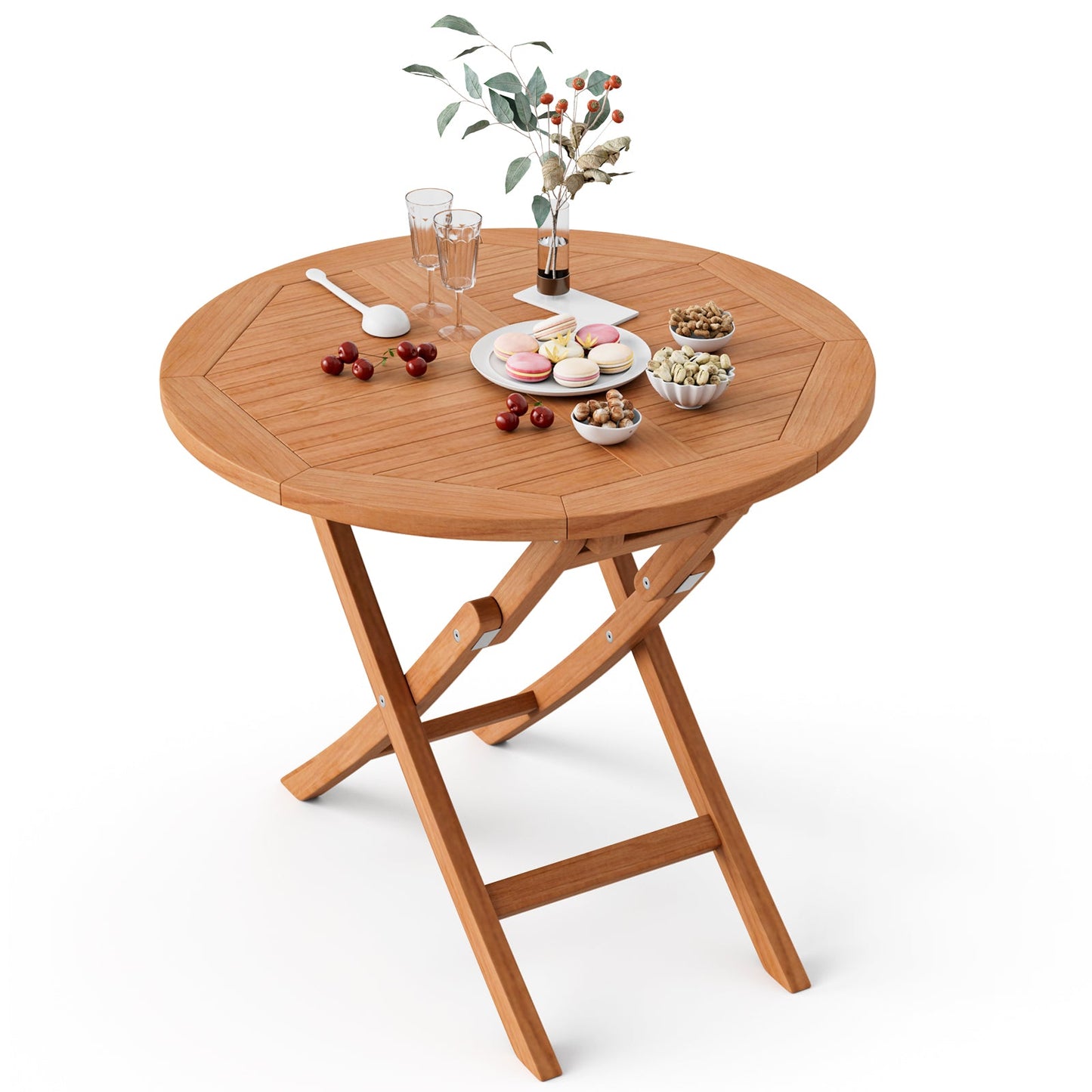 31.5 Inch Folding Patio Indonesia Teak Wood Round Coffee Table with snacks on top, perfect for outdoor use.