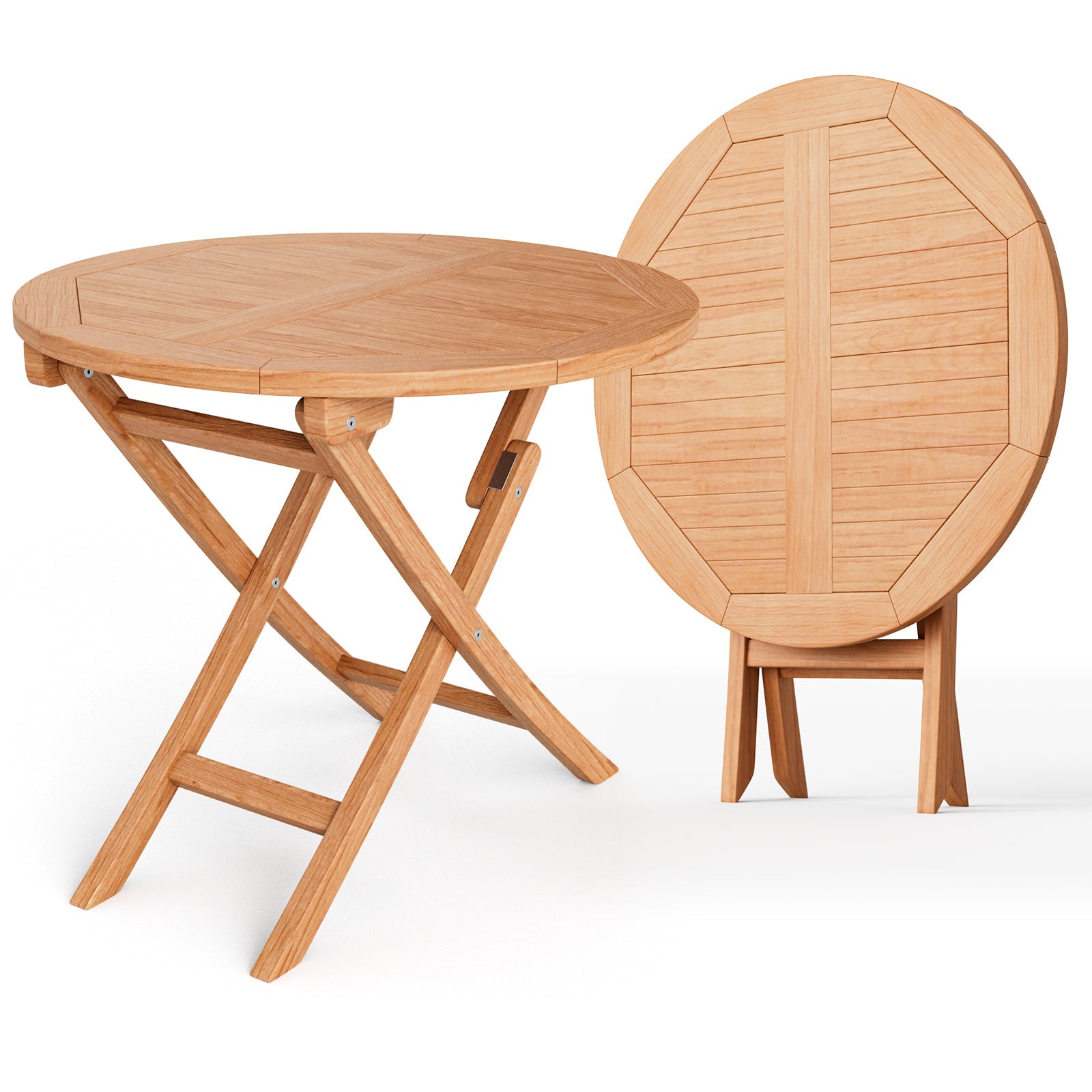 31.5 Inch Folding Patio Indonesia Teak Wood Round Coffee Table in folded and open positions