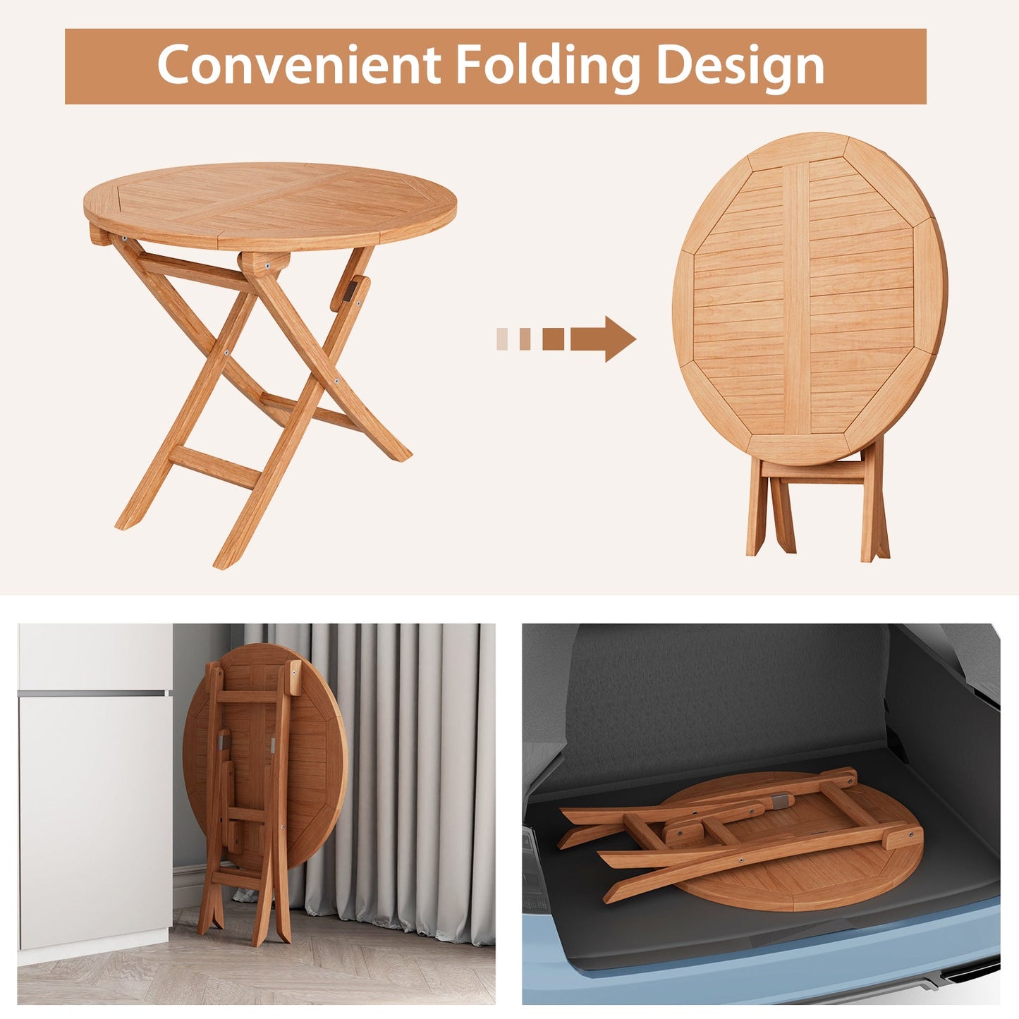 31.5 Inch Folding Patio Indonesia Teak Wood Round Coffee Table with space-saving folding design and easy storage options.