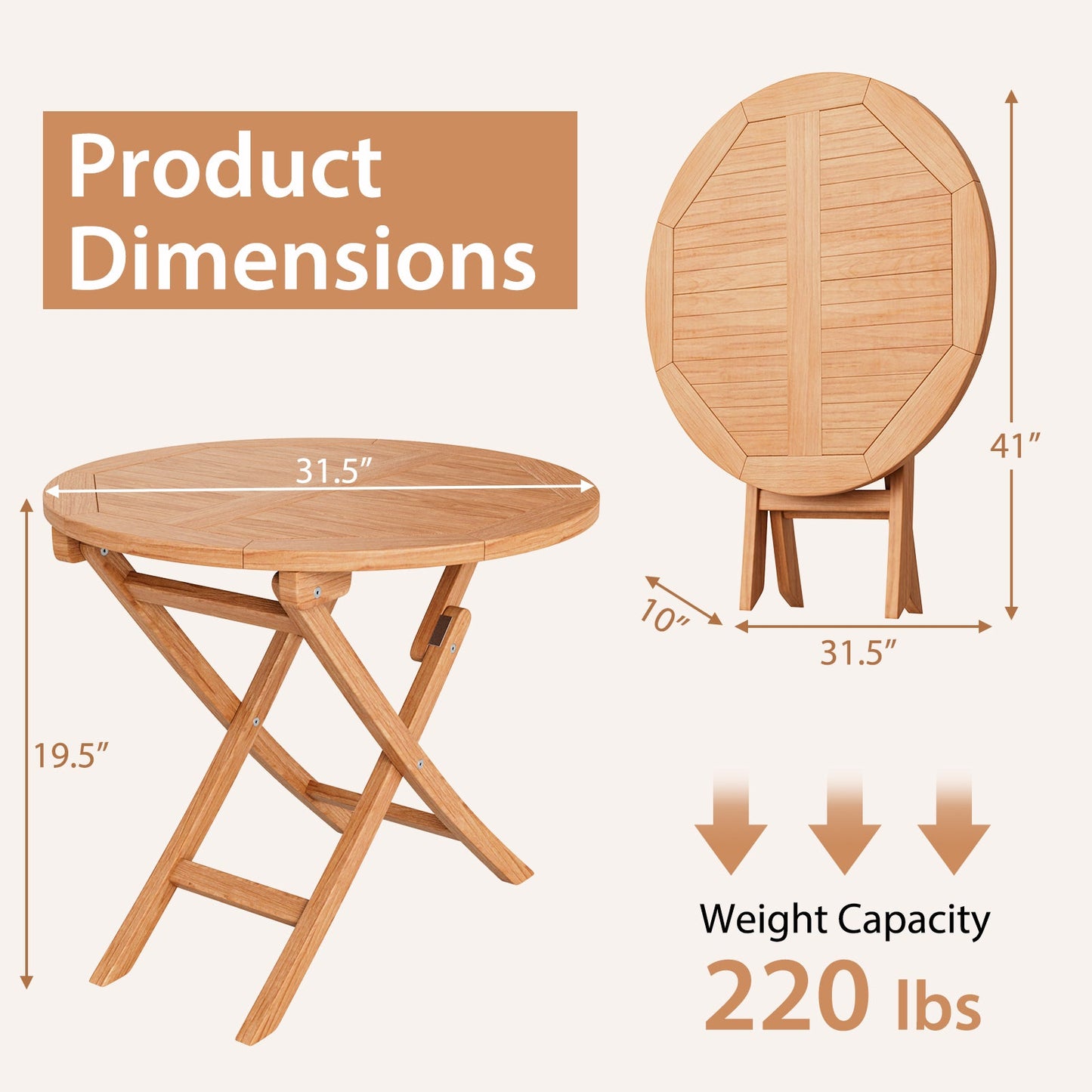 31.5 Inch Folding Patio Indonesia Teak Wood Round Coffee Table with dimensions and 220 lbs weight capacity, foldable for easy storage.
