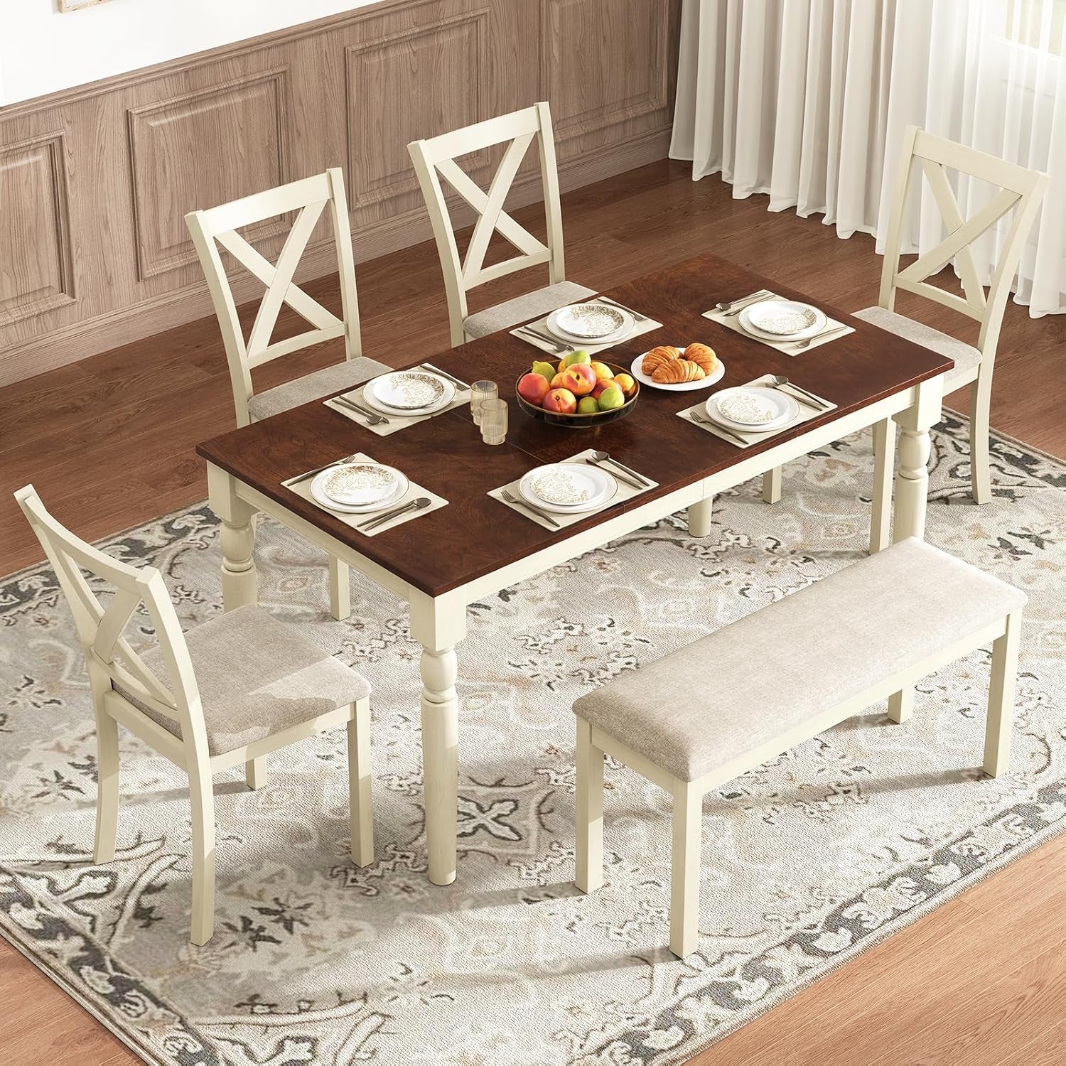 Sixty Inch Solid Wood Walnut Finish Dining Table Set Upholstered Chairs, farmhouse style, includes table, four chairs, and bench.