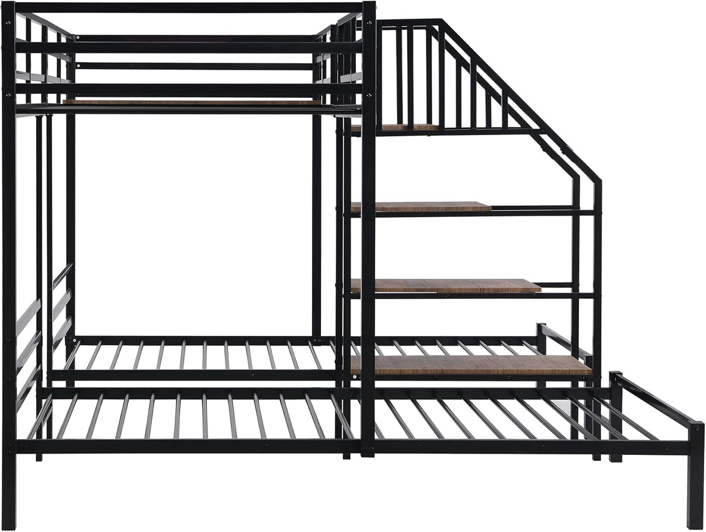 Metal Triple Bunk Bed With Stairs Black Three Beds frame shown with upper and lower bunks and sturdy staircase for sleep space maximizing.