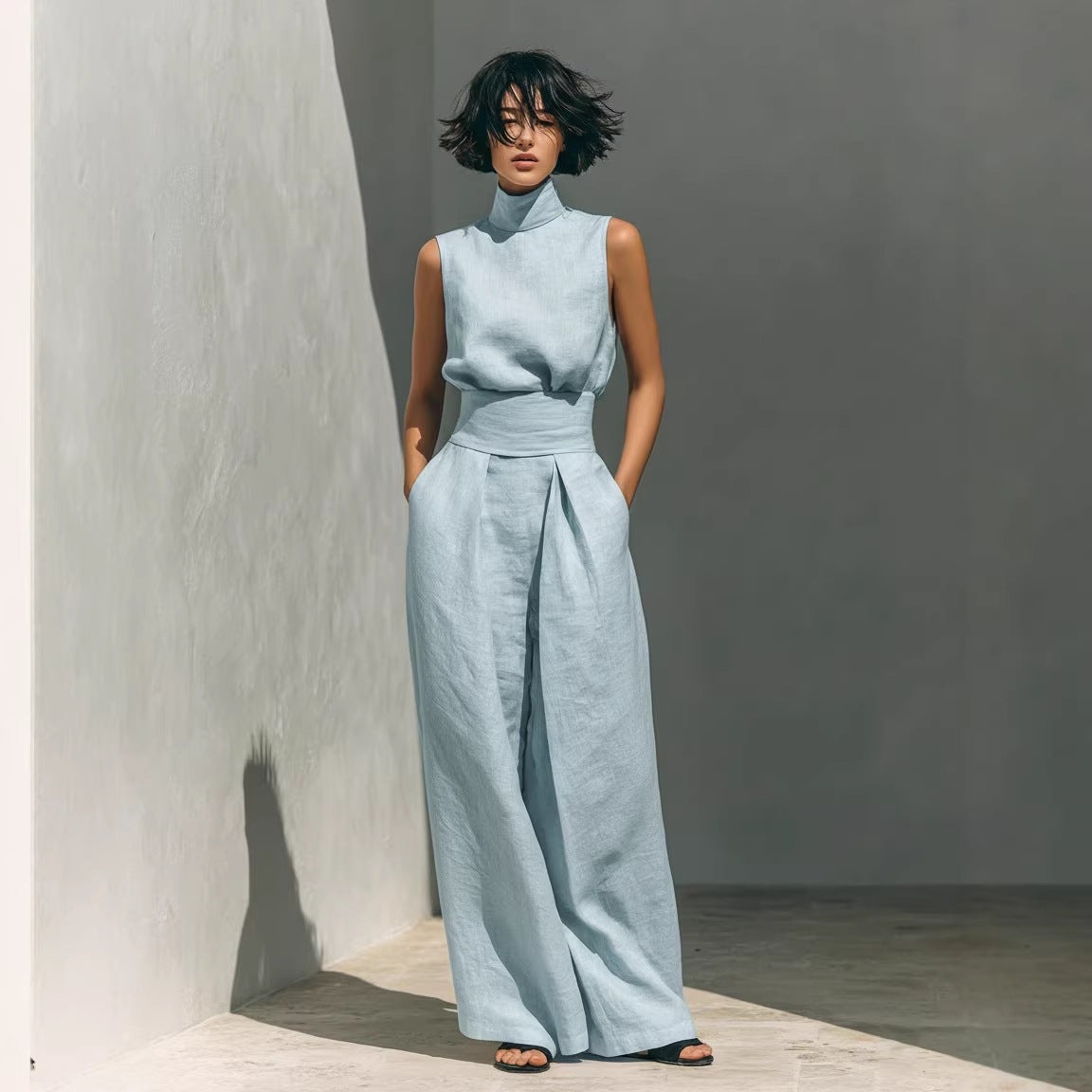 Women’s Cotton Linen Two-Piece Set – Sleeveless Top & Wide-Leg Pants for spring and summer fashion