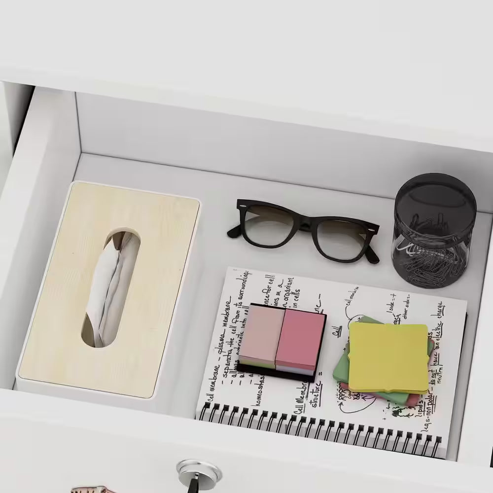 Open drawer of Natural White Corner Computer Desk with Hutch and Storage showing organized office essentials.