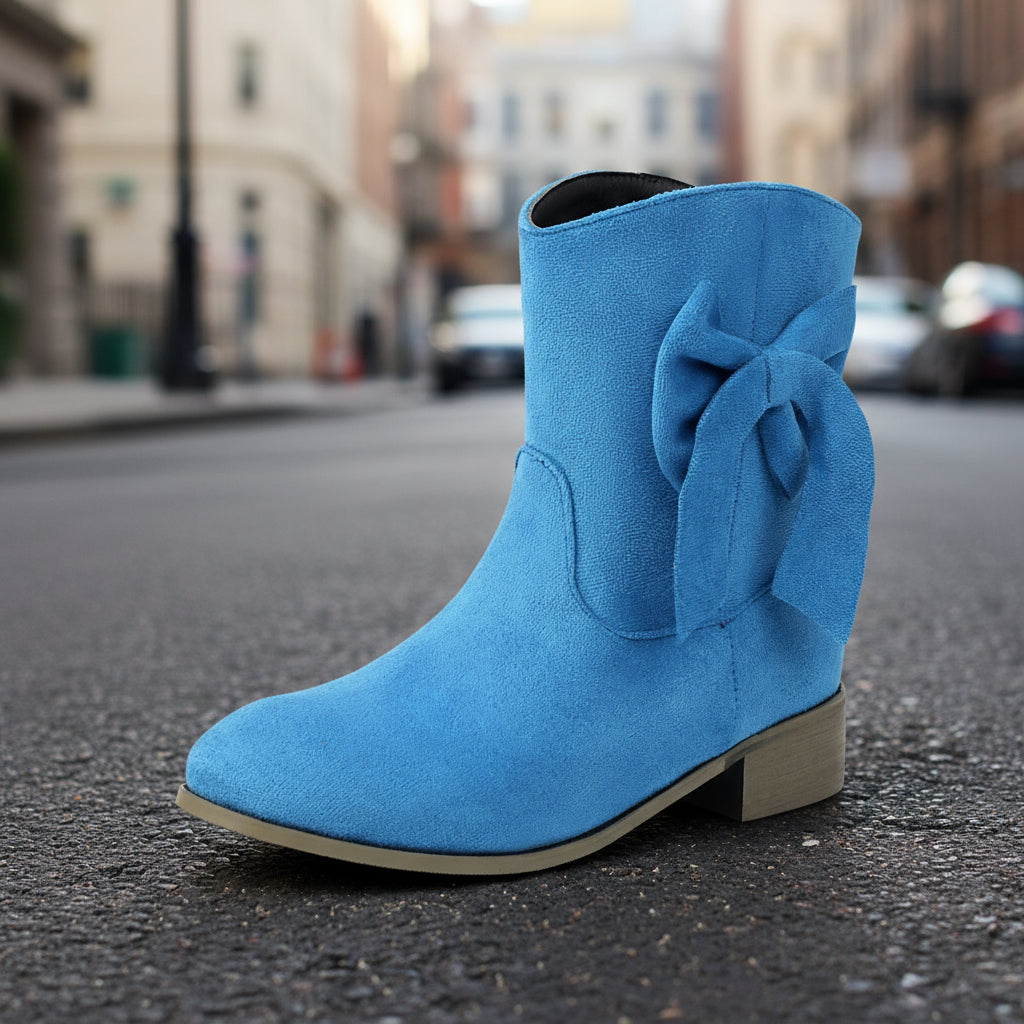 Low Heel Suede Large Size Sweet Bow Casual Boots in blue with bow accent on street background