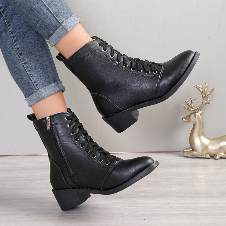 British Style High-Top Zipper Leather Boots — Women’s Trend Fashion Boots in black leather with zipper and lace-up detail.