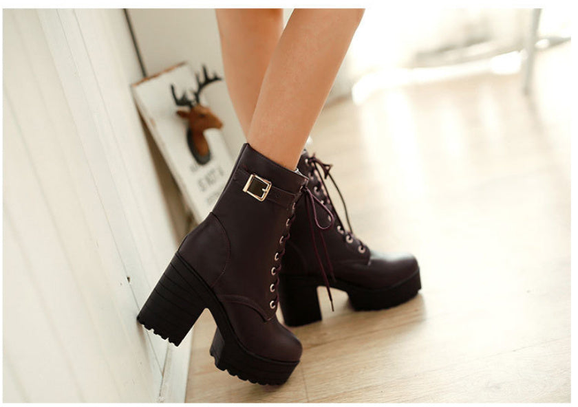 Women’s Chunky Heel PU Martin Boots | Large Size High Heel Boots