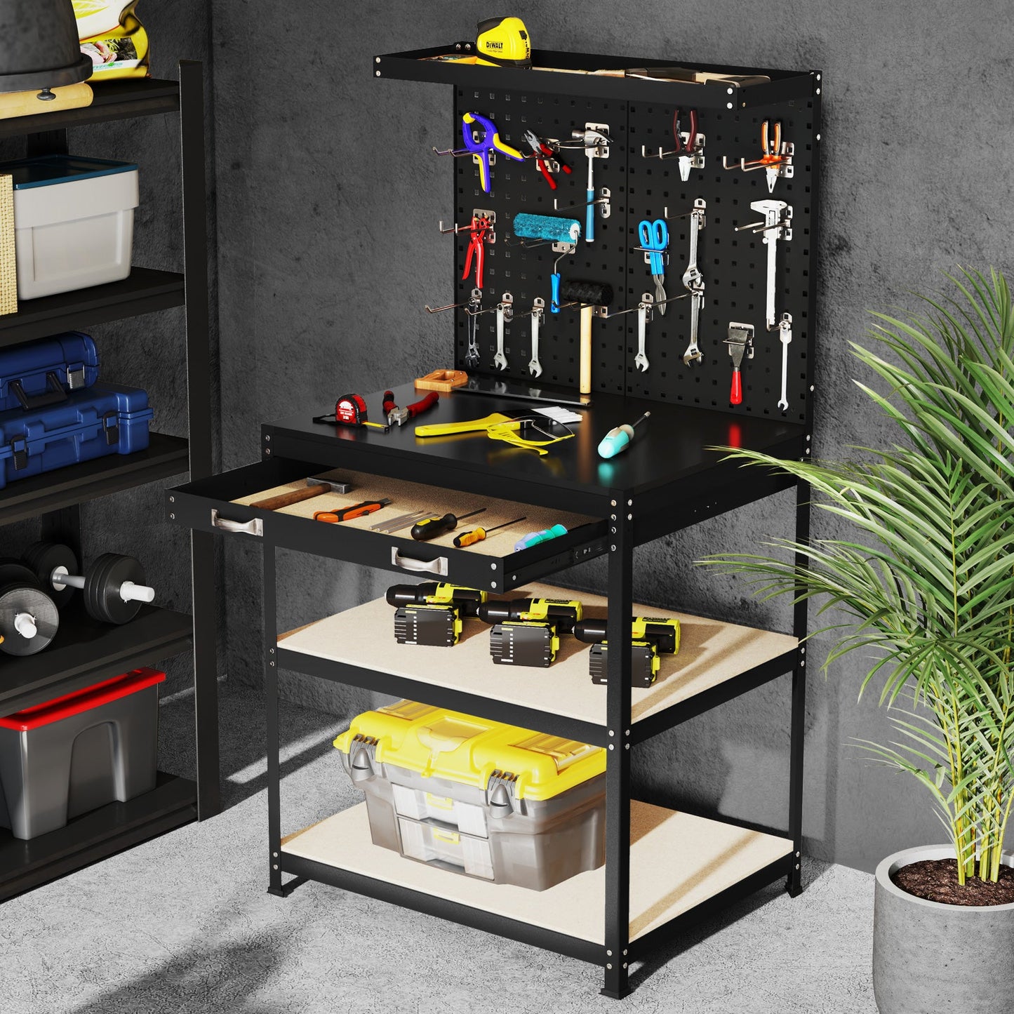 32 x 16 Inch Workbench Work Table with 2 PCs Pegboard Drawer and Shelves-Black in garage setting with tools and storage