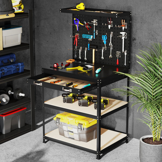 32 x 16 Inch Workbench Work Table with 2 PCs Pegboard Drawer and Shelves-Black in garage setting with tools and storage