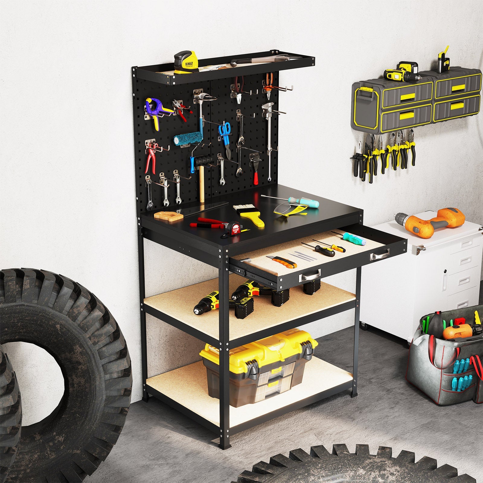 32 x 16 Inch Workbench Work Table with 2 PCs Pegboard Drawer and Shelves-Black in a garage with tools displayed.
