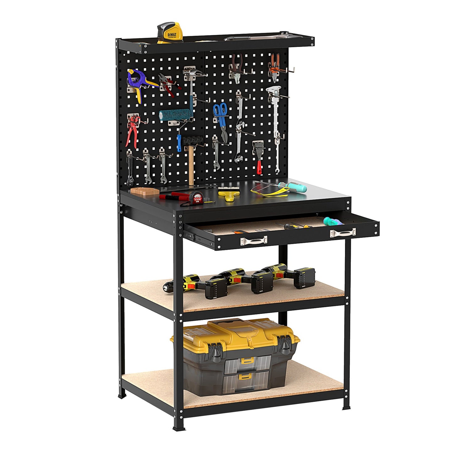 32 x 16 Inch Workbench Work Table with 2 PCs Pegboard Drawer and Shelves-Black featuring tools and storage solutions