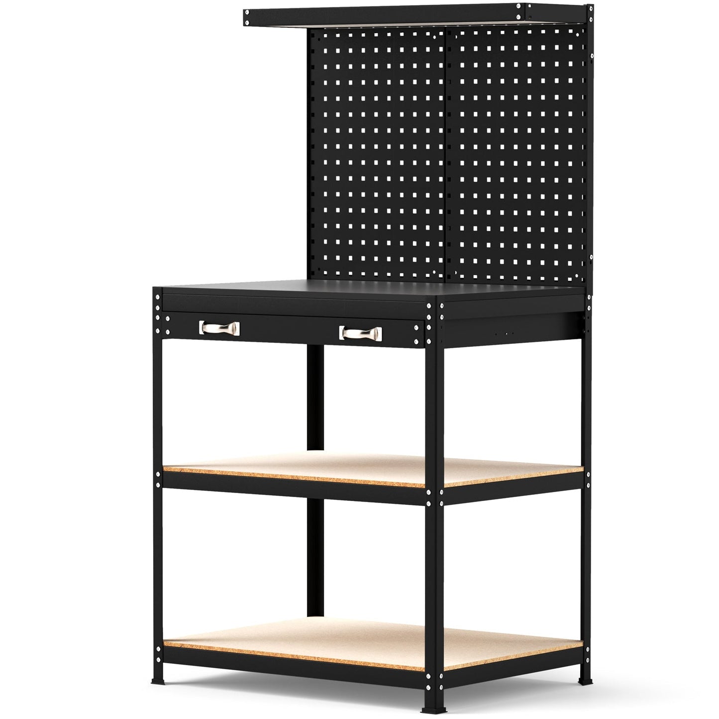 32 x 16 Inch Workbench Work Table with 2 PCs Pegboard Drawer and Shelves-Black, heavy-duty design with storage solutions.