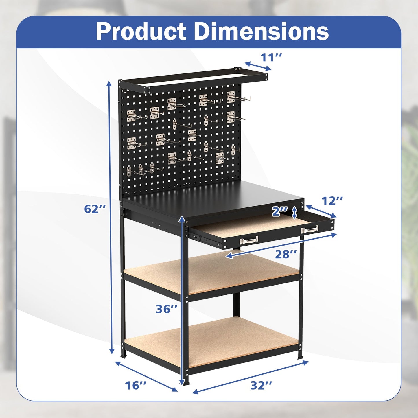 Dimensions of 32 x 16 Inch Workbench Work Table with 2 PCs Pegboard Drawer and Shelves-Black, highlighting height and depth.