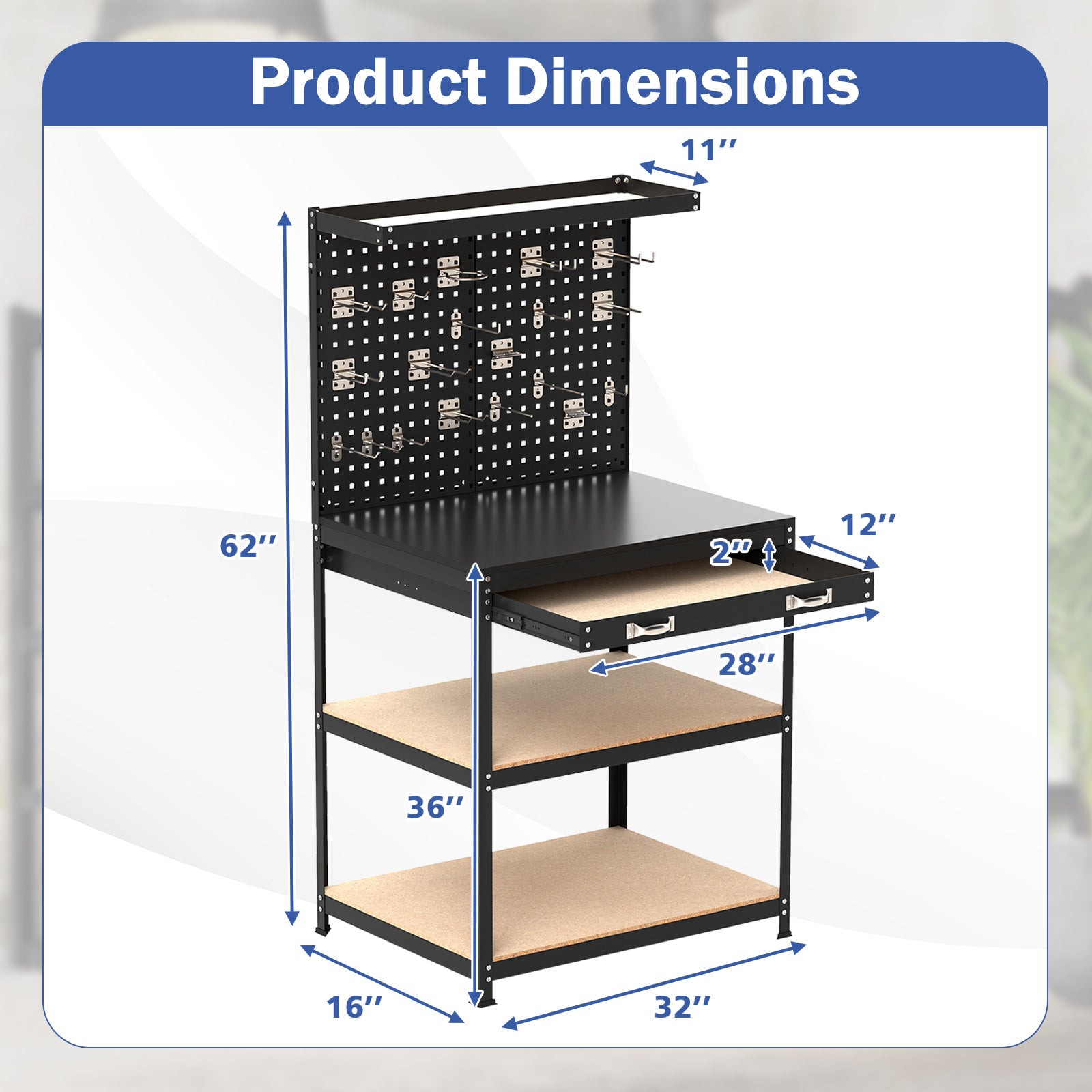 Dimensions of 32 x 16 Inch Workbench Work Table with 2 PCs Pegboard Drawer and Shelves-Black, highlighting height and depth.