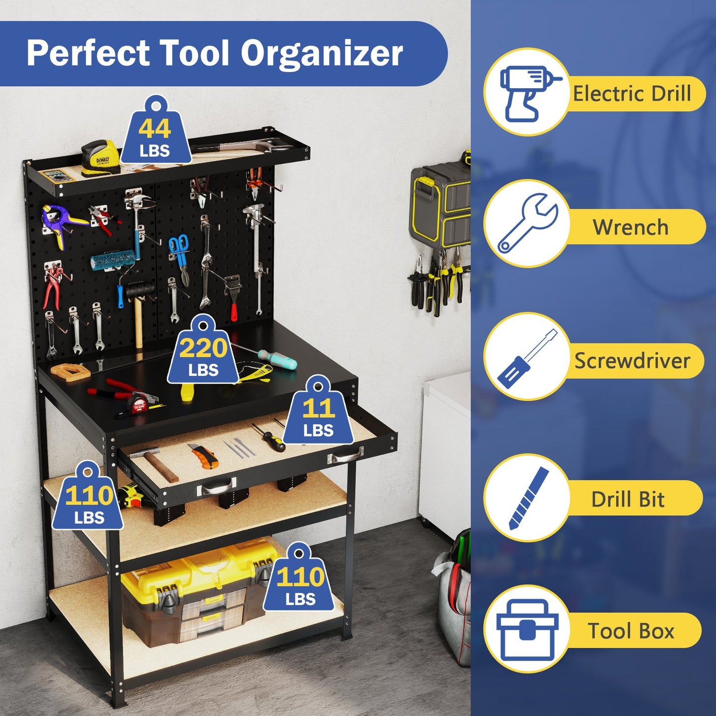 32 x 16 Inch Workbench Work Table with 2 PCs Pegboard Drawer and Shelves-Black featuring storage hooks and tool organizer.