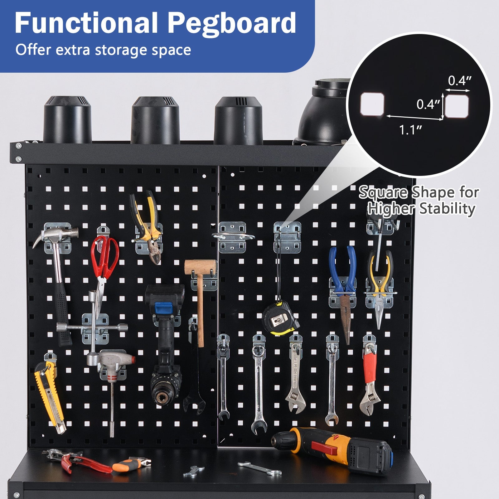 Functional pegboard with tools on 32 x 16 Inch Workbench Work Table with 2 PCs Pegboard Drawer and Shelves-Black