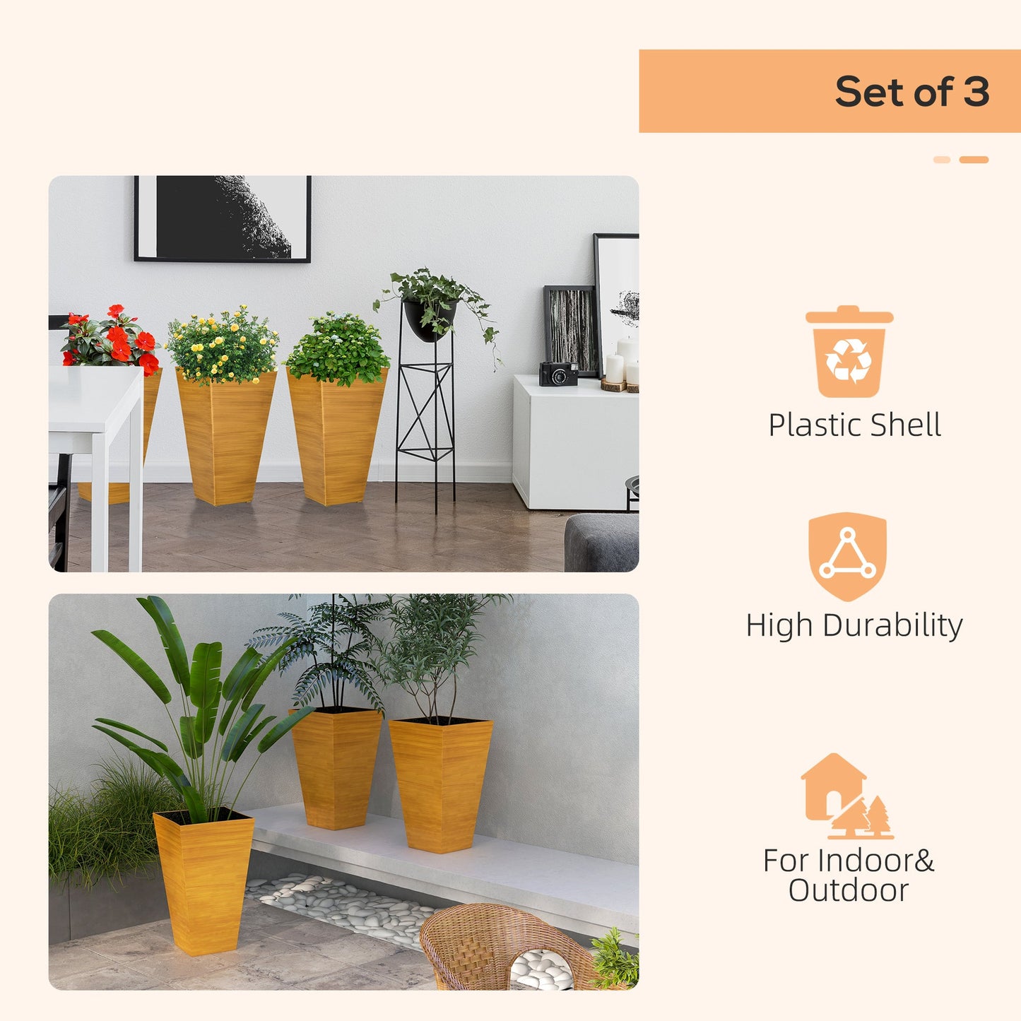 Outsunny 28' Tall Outdoor Planters Set of 3 with Drainage Holes Faux Wood Plastic Flower Pots for Garden Patio Tan