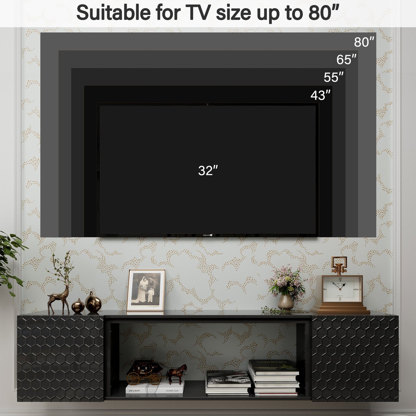 Floating TV Wall Mount Stand for 80 Inch TVs - Sturdy Wood Console, High Weight Capacity & Hidden Cable Management, Contemporary Style (Black)
