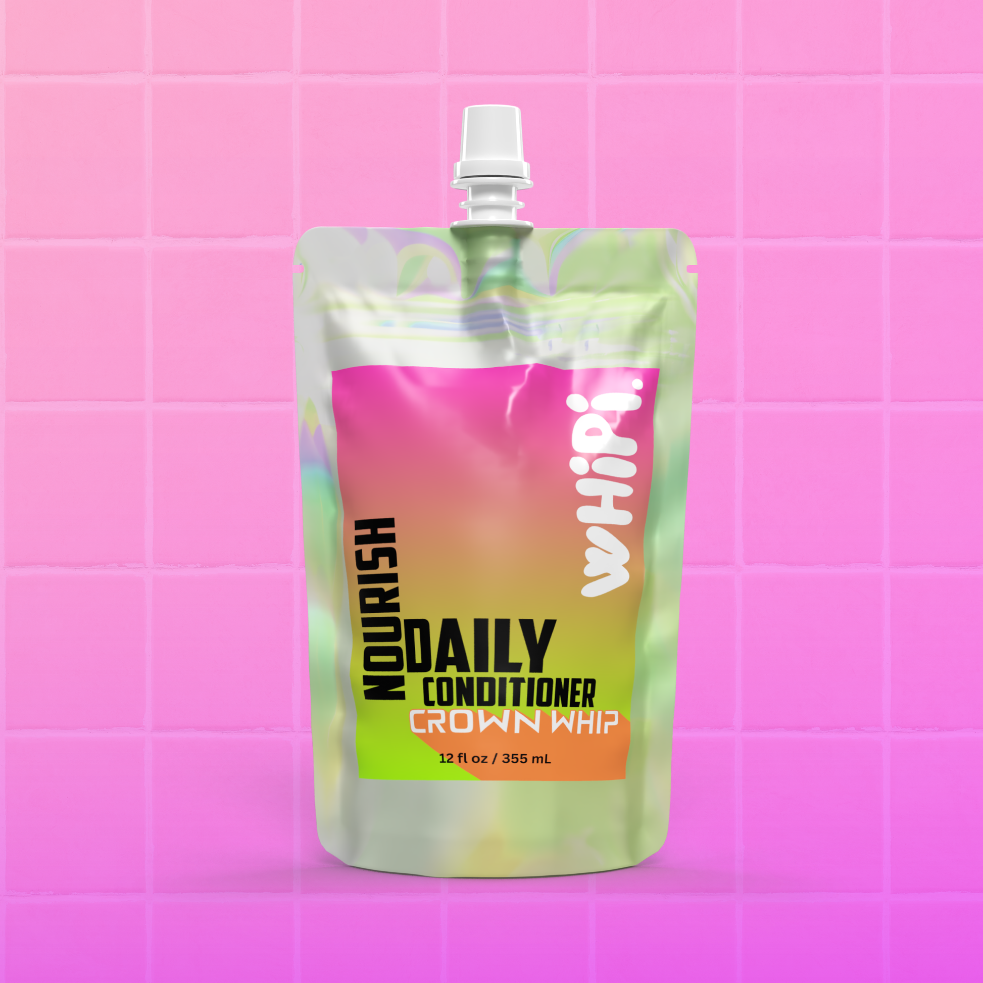 Nourish – Crown Whip Daily Conditioner in colorful pouch, enhancing hair softness and strength with hydrating and protective formula.