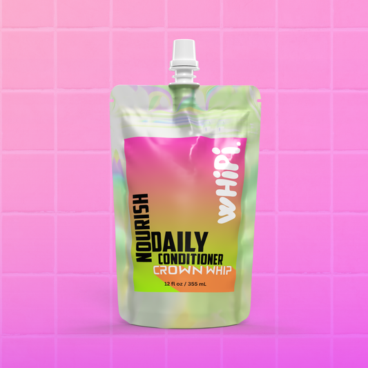Nourish – Crown Whip Daily Conditioner in colorful pouch, enhancing hair softness and strength with hydrating and protective formula.