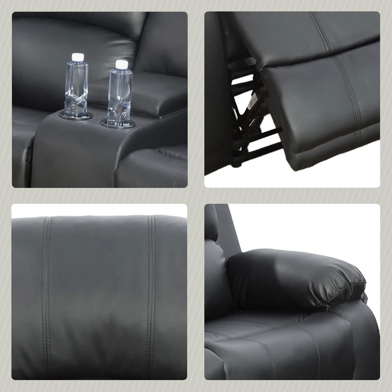 Close-up of Beverly Fine 3 Piece Recliner Living Room Set Faux Leather with stitched detailing and reclining features.