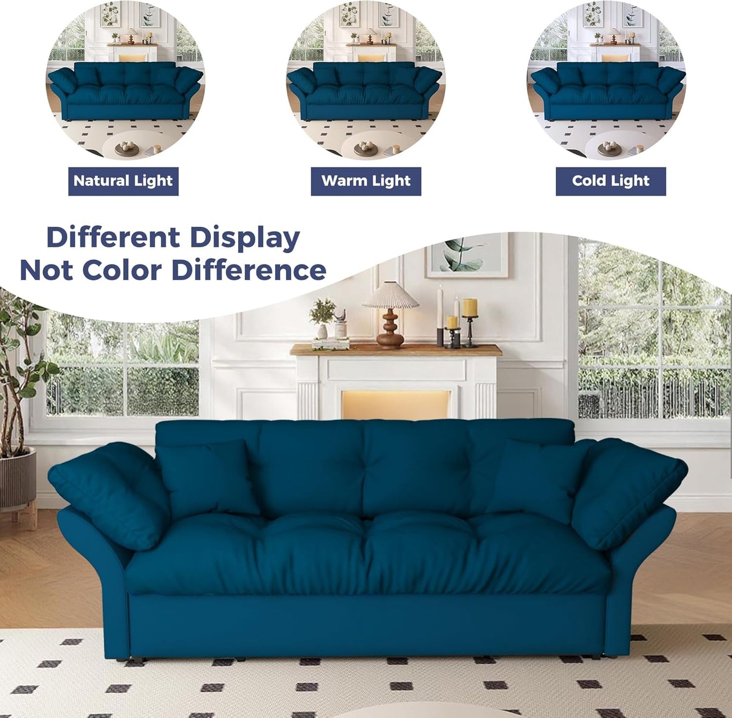 Blue Queen Size Three In One Convertible Sleeper Sofa in different lighting: natural, warm, and cold.