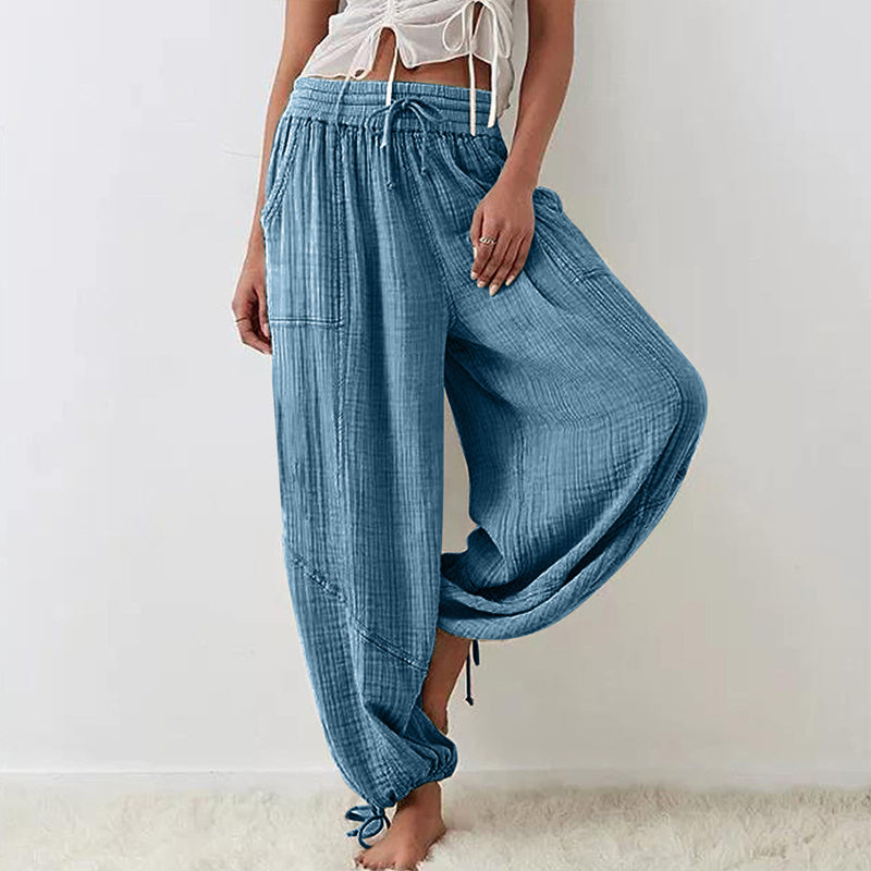 Women’s Solid Color Wide Leg Pants – Elastic Drawstring Waist and Side Pockets