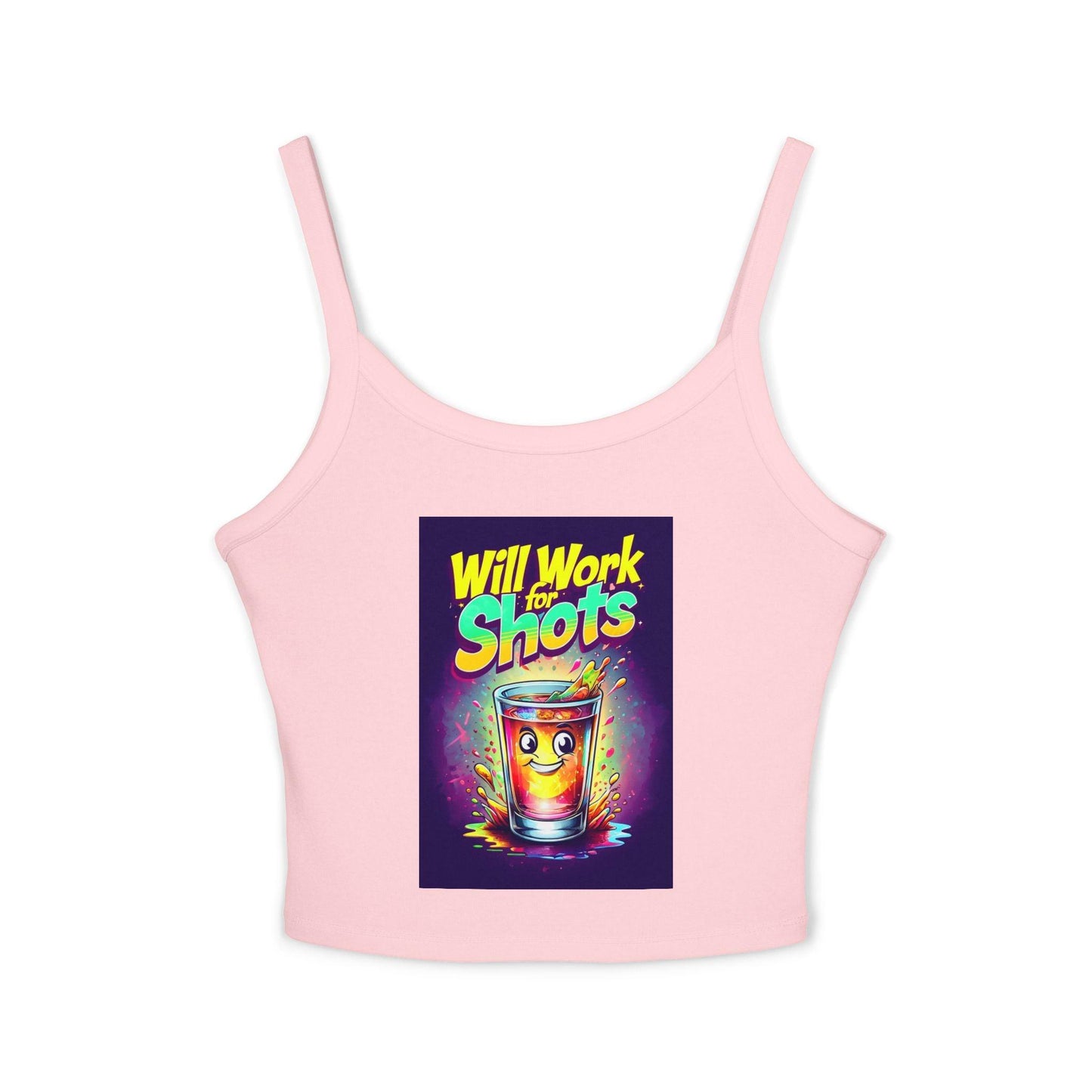 Will Work for Shots Womens Spaghetti Strap Tank Top in pink featuring colorful text and design for female bartenders or waitresses.