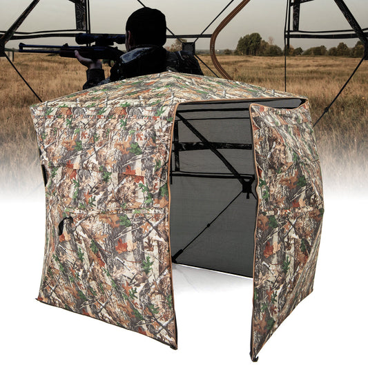 360° One Way See Through Hunting Blind Ground Blind with Portable Carrying Bag in camouflage design, featuring open panels.
