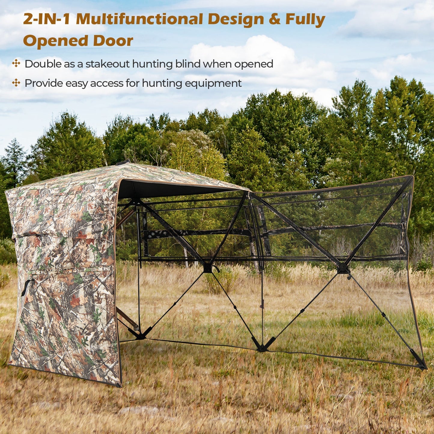 360° One Way See Through Hunting Blind Ground Blind with Portable Carrying Bag in natural setting with open design