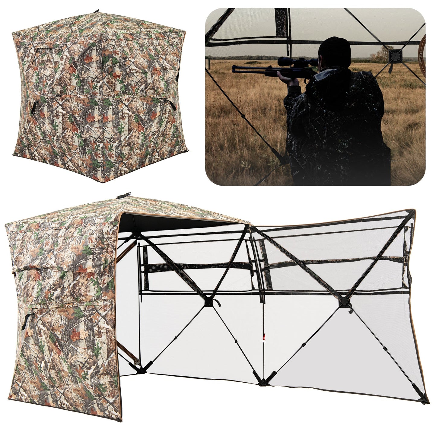 360° One Way See Through Hunting Blind Ground Blind with Portable Carrying Bag displaying camouflage design and see-through panels.