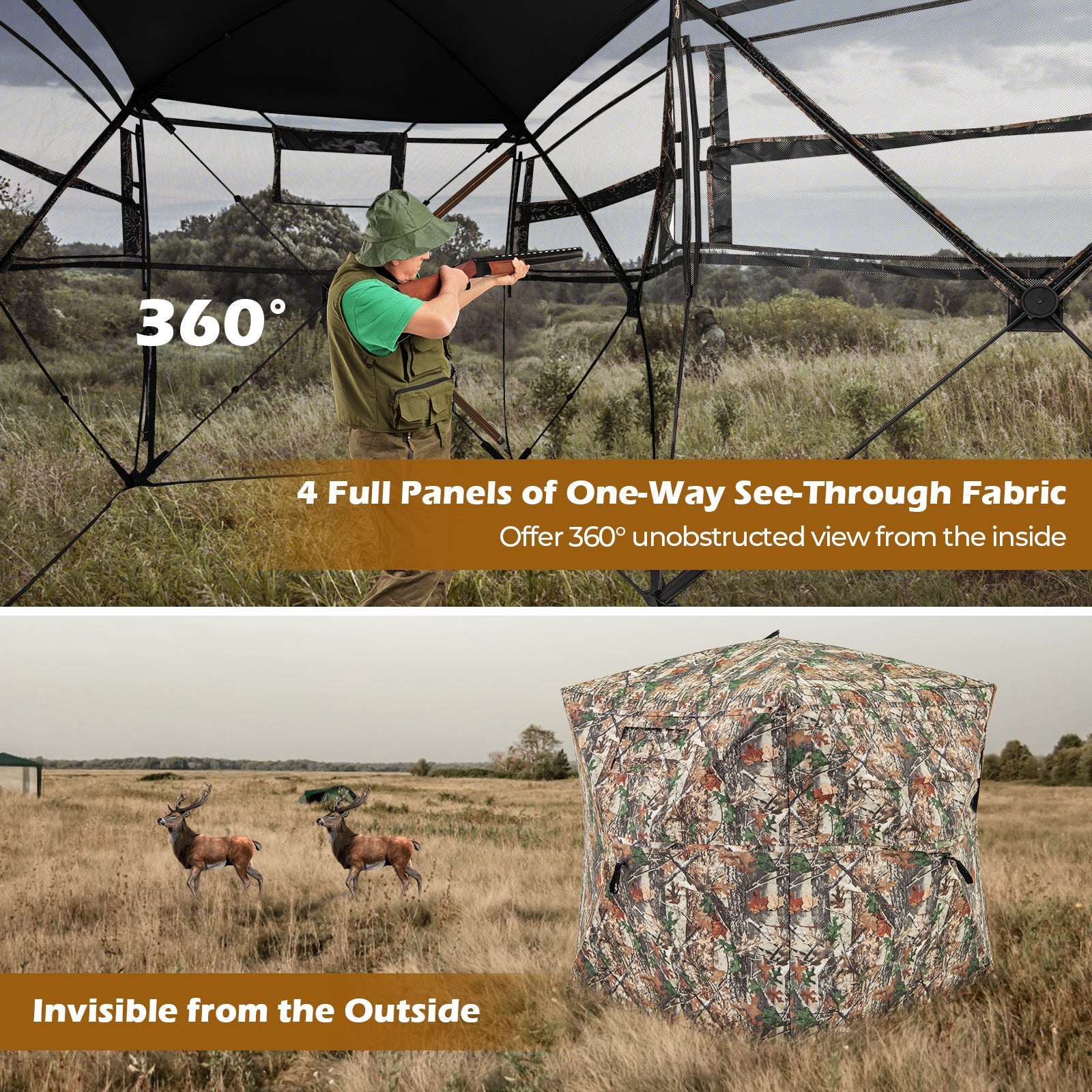 360° One Way See Through Hunting Blind Ground Blind with Portable Carrying Bag featuring see-through panels and camouflage design