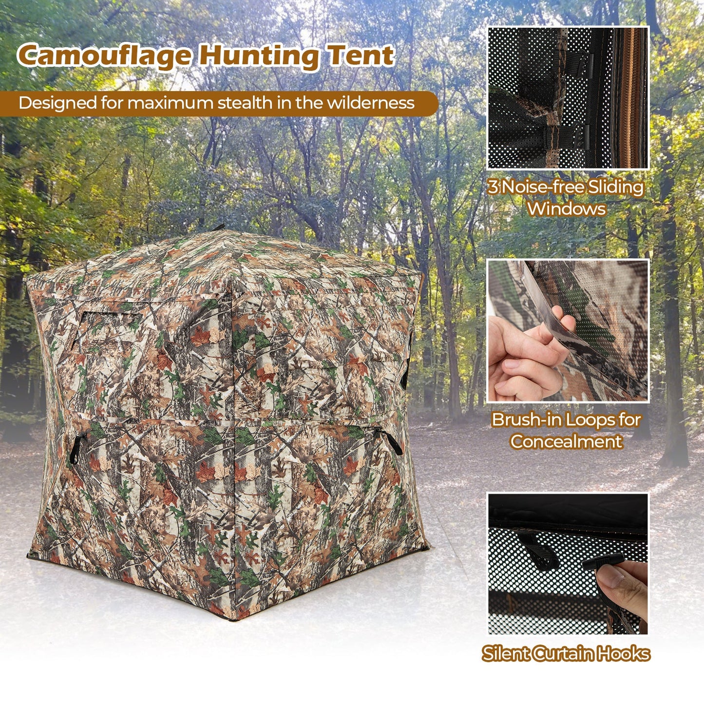 360° One Way See Through Hunting Blind Ground Blind with Portable Carrying Bag showcasing camouflage design and features