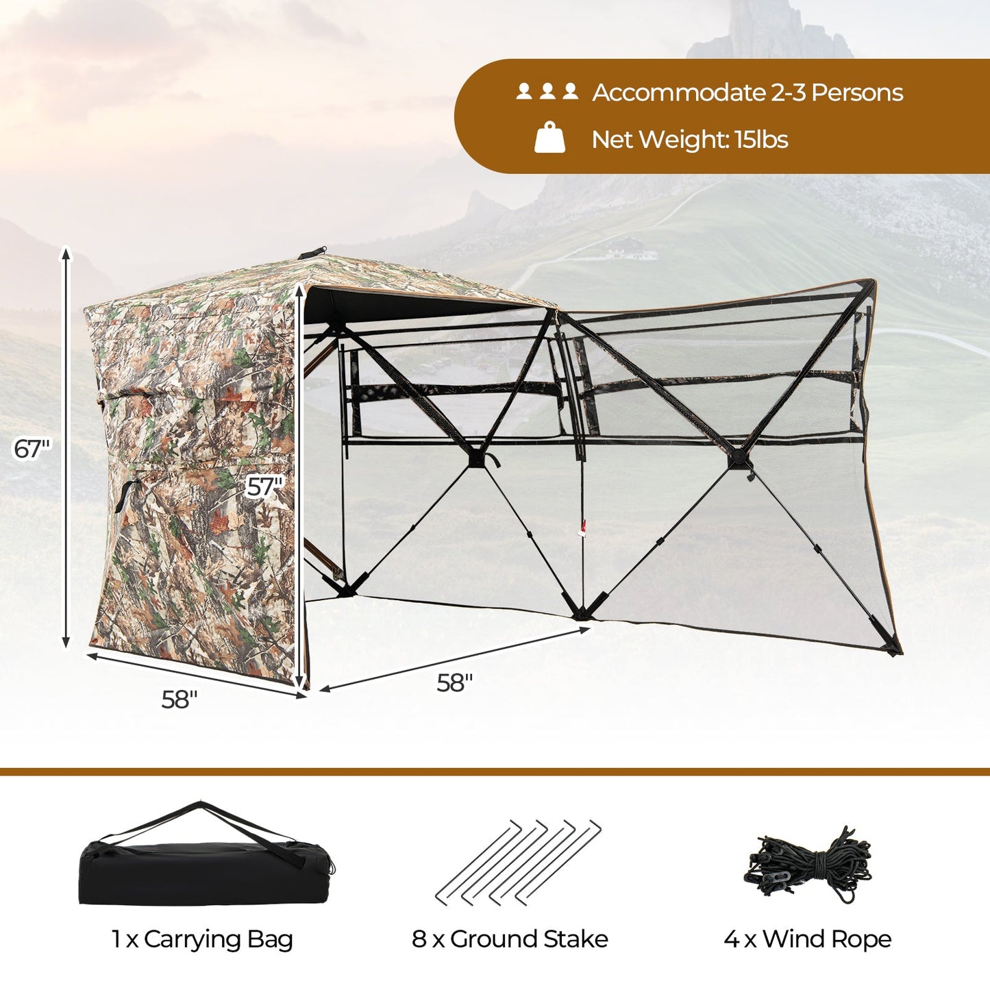 360° One Way See Through Hunting Blind Ground Blind with Portable Carrying Bag featuring camouflage and see-through panels.