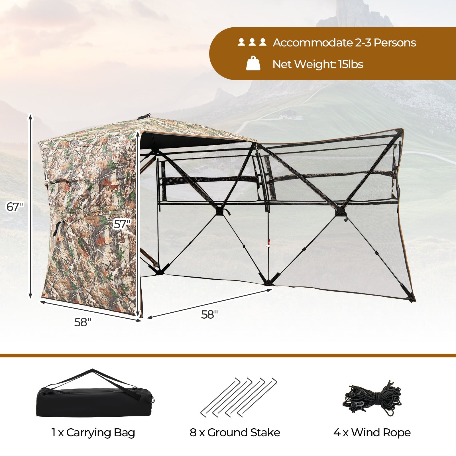 360° One Way See Through Hunting Blind Ground Blind with Portable Carrying Bag featuring camouflage and see-through panels.