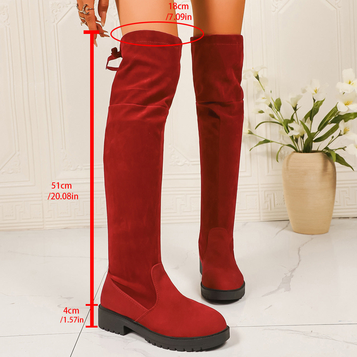 Women’s Elastic Knee-High Boots – Thick Sole Solid Color Fashion Boots in red, showcasing elastic fit and thick sole design.