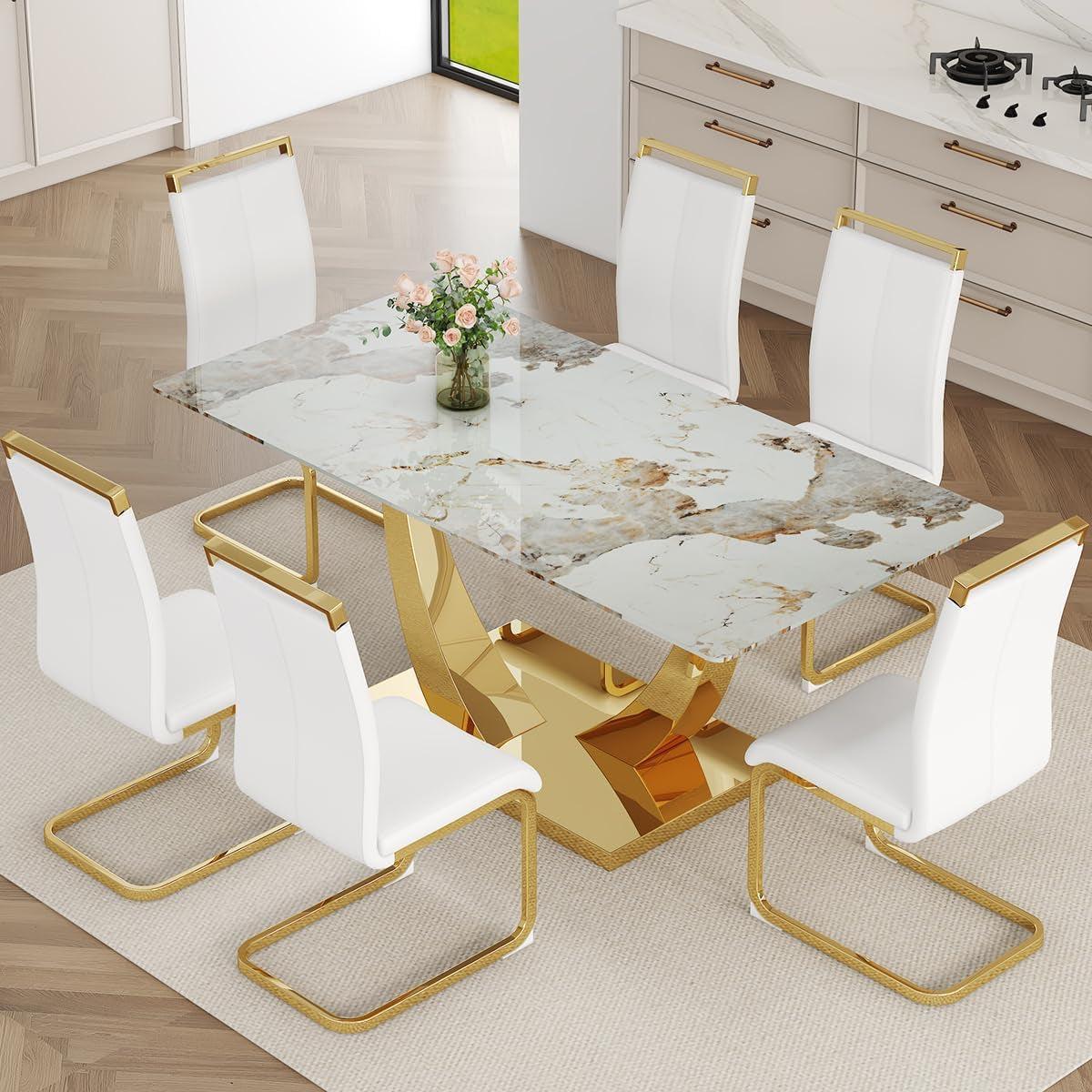71 Inch Faux Marble Dining Table Tempered Glass Top in gold with white chairs, suitable for dining or meetings, seating 6-8