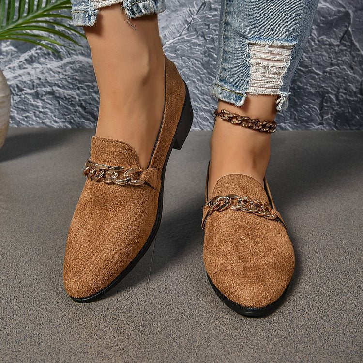 Brown suede chain embellished loafers for women, perfect for casual and chic outfits, featuring a comfortable low heel design.