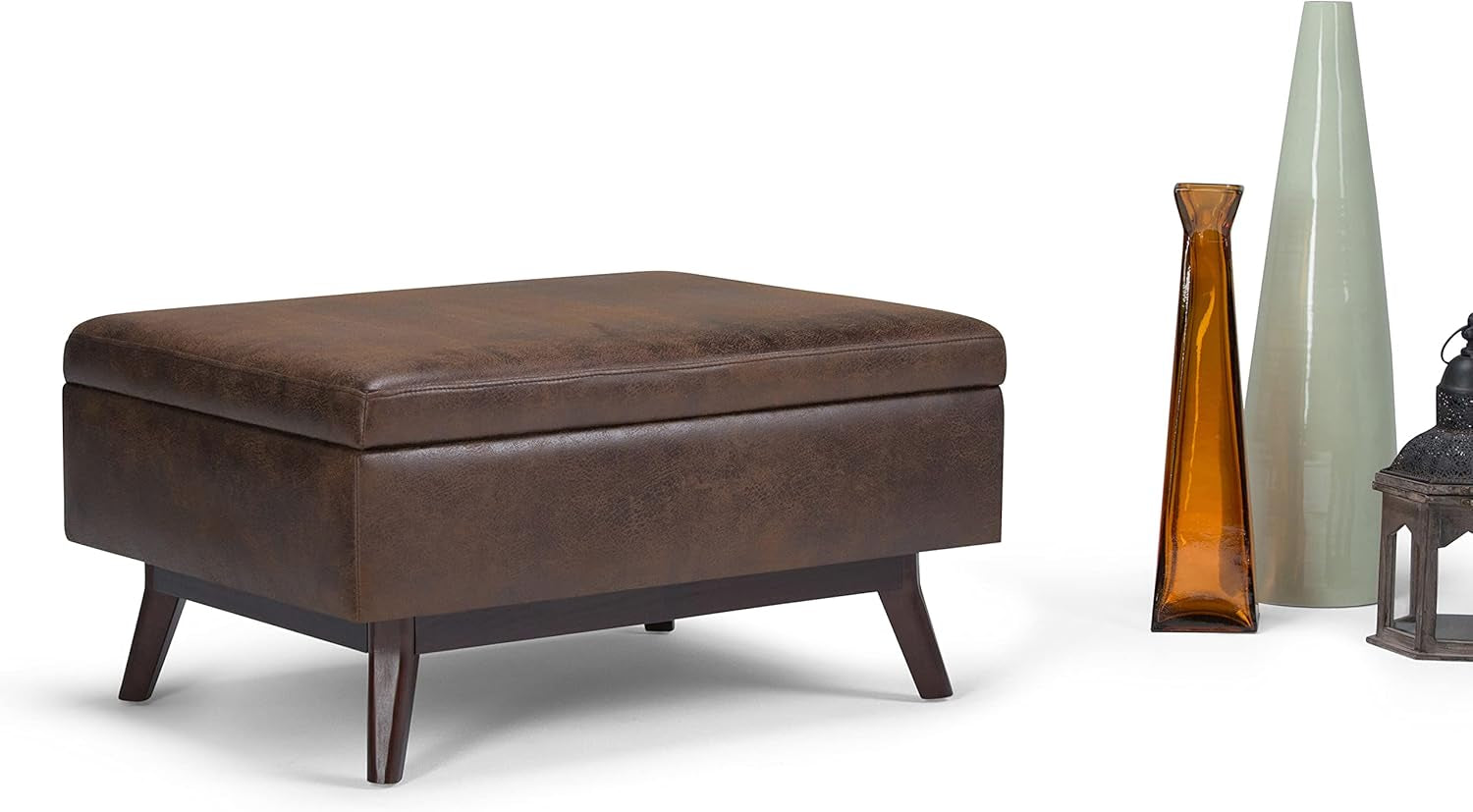 Mid Century Distressed Chestnut Lift Top Coffee Table Ottoman with hidden storage and vegan leather upholstery