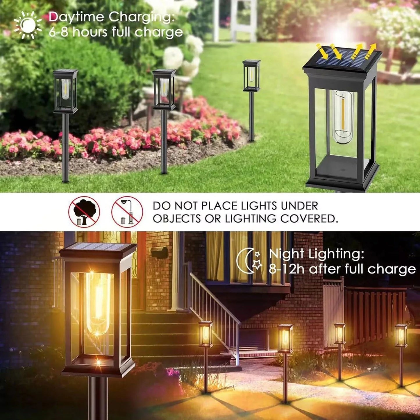 ☀️ Kidsjoy Solar Pathway Lights – 6 Pack showing day and night ambiance in garden and path with retro warm white LEDs.