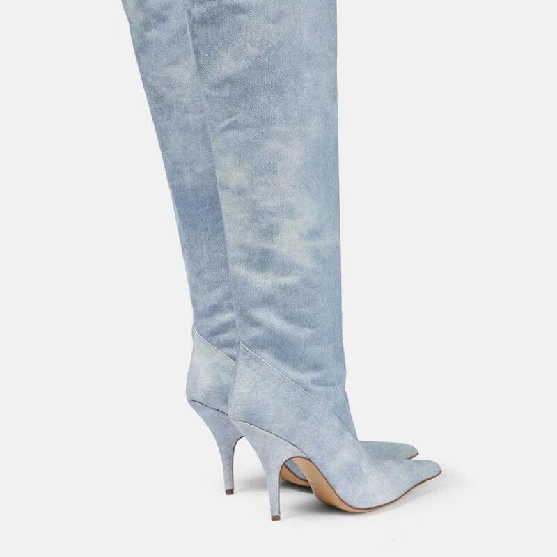 Women's Ultra-High Heel Denim Pointed Toe Catwalk Knee Boots in light blue, featuring a sleek design and sharp pointed toe for fashion-forward looks.