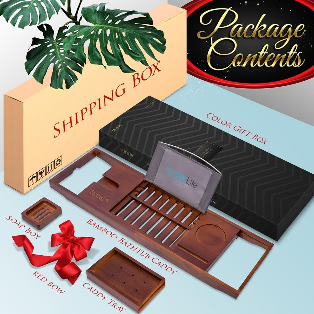 Bamboo Bathtub Caddy Tray – Expandable Waterproof Bath Tray with Wine Glass Holder, Tablet Stand & More in package contents display