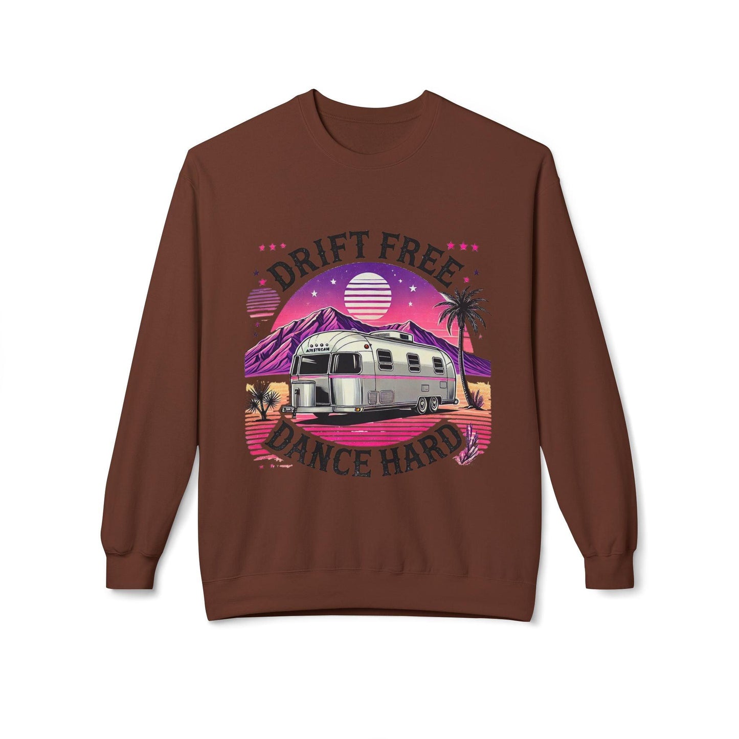 Drift Free, Dance Hard Women's Sweatshirt with vintage Airstream and desert scene in pink, lavender, and gold hues.