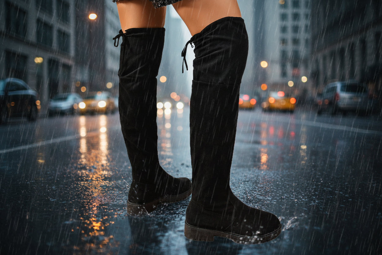 Women’s Elastic Knee-High Boots – Thick Sole Solid Color Fashion Boots worn in city rain