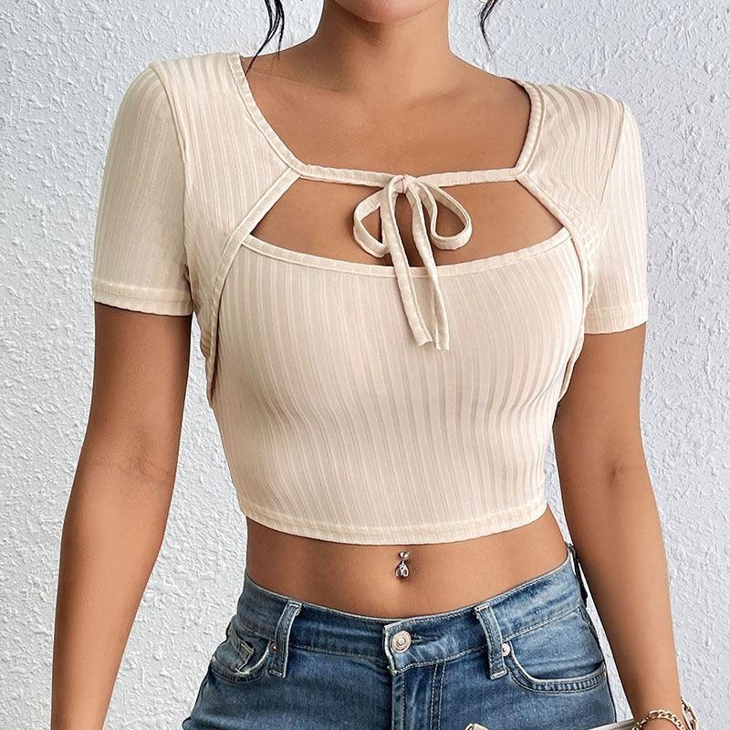 Silky Textured Crop Top – Chic Asymmetrical Collar Top for Casual & Formal Wear in soft apricot, highlighting the modern style.